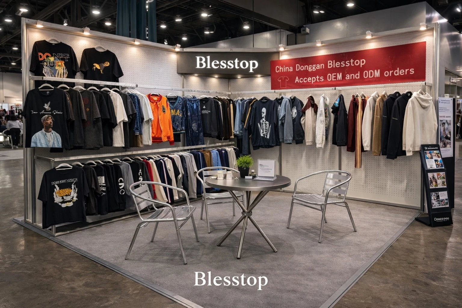 Blesstop showing custom streetwear at an industry exhibition